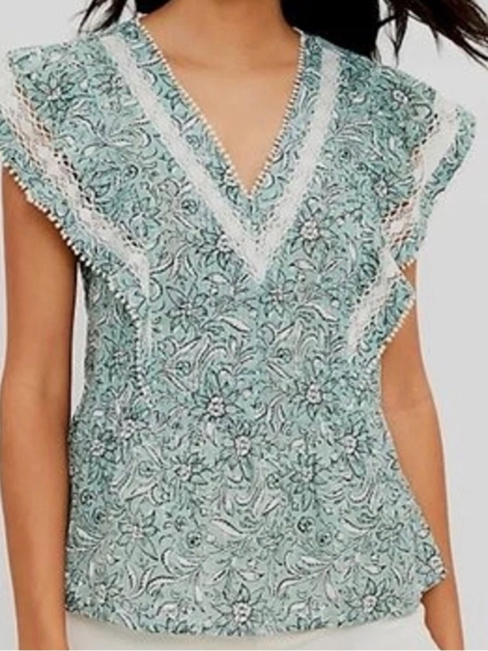 LOFT Mint Green Floral Lace-Trim V-Neck Blouse - Picture 3 of 7